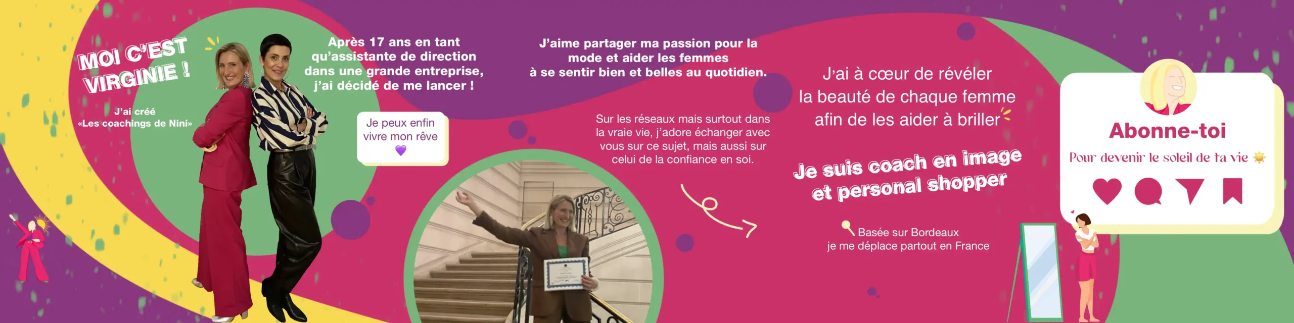 Carrousel instagram de présentation pour une conseillère en image sur bordeaux. Le visuel est très coloré et dynamique. Avec du magenta, du jaune, violet et vert, puis de grandes courbes.