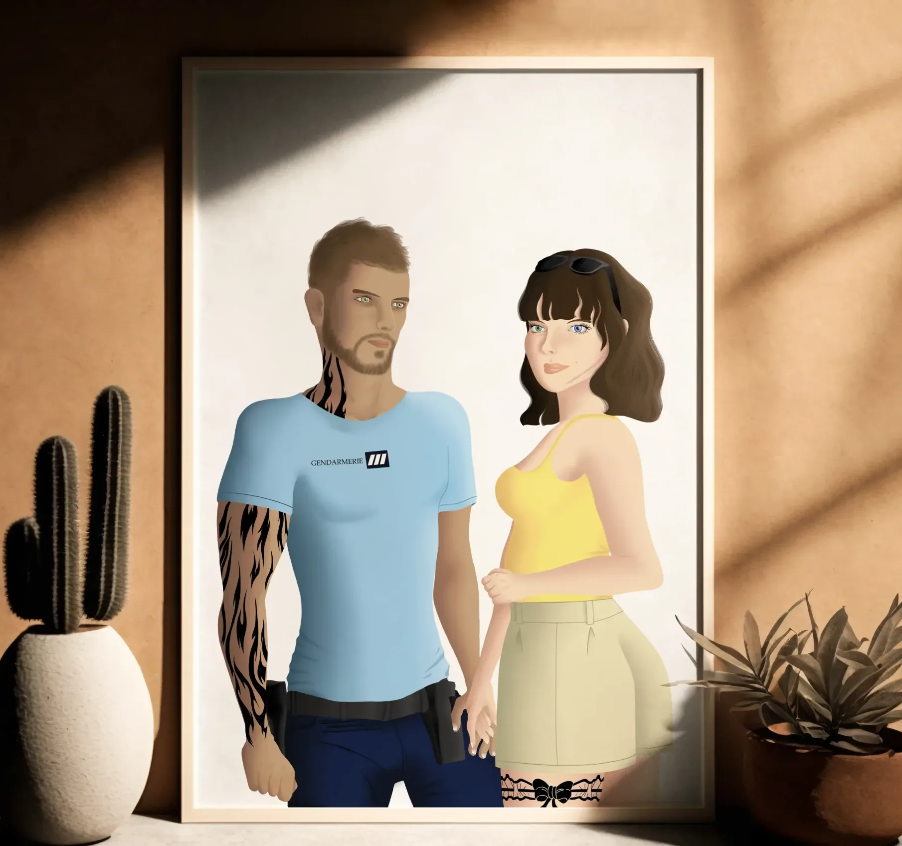 Illustration d'un couple de fiction pour une romance historique. Illustration d'un homme gendarme tatoué, et d'une femme aventurière.