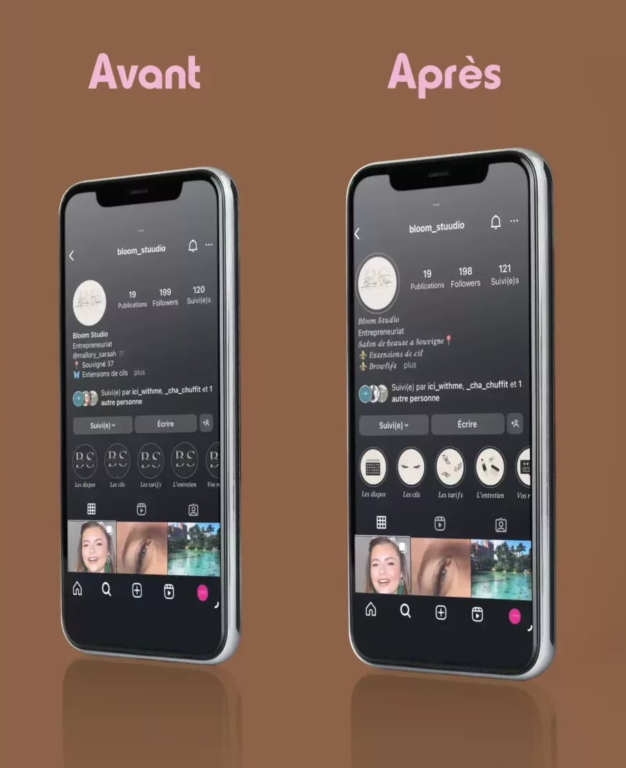Avant/après des visuels de stories à la une d'une esthéticienne sur instagram.