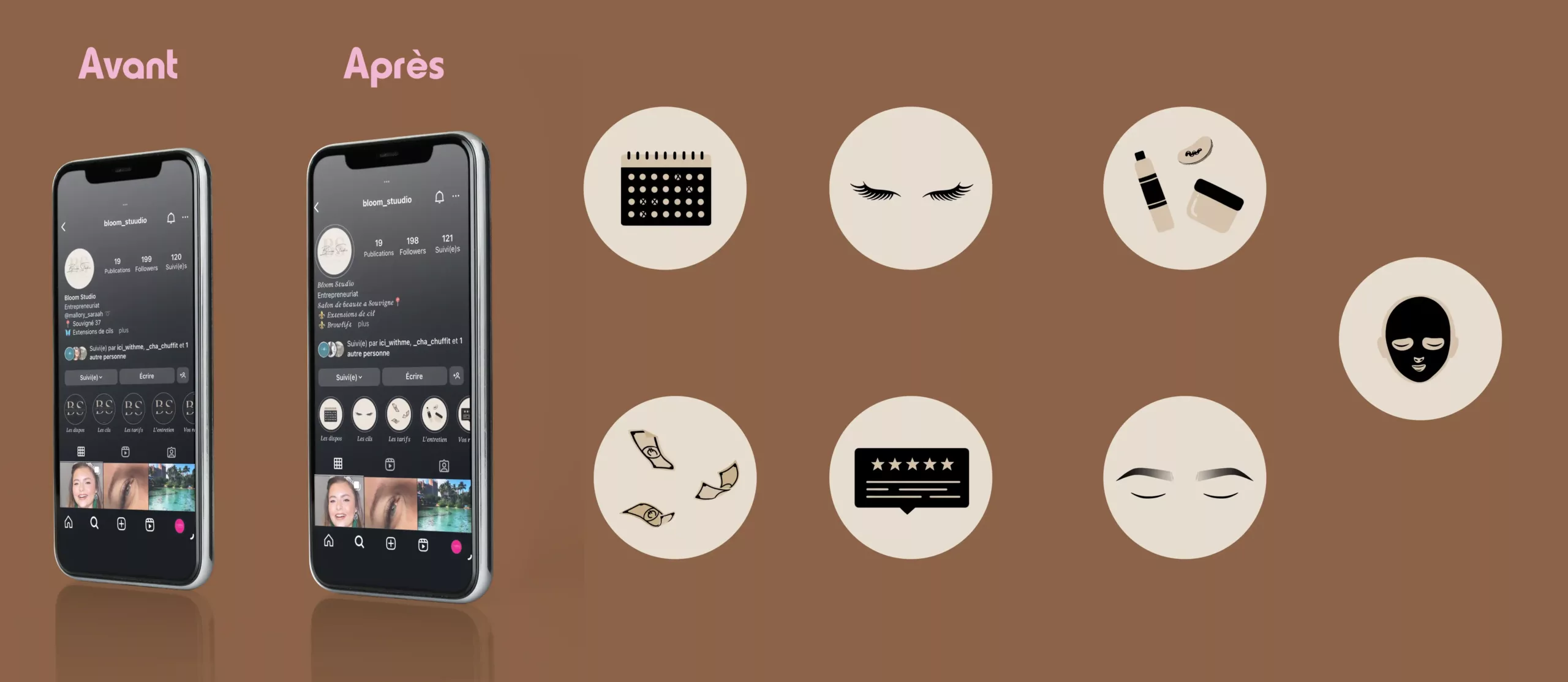 Illustrations pour les couvertures de stories à la une sur instagram pour une esthéticienne. Illustration d'un calendrier, une pair de cils, des soins, des billets, un avis client, un masque visage, puis une pair de sourcils. Dans un style sobre et chic.