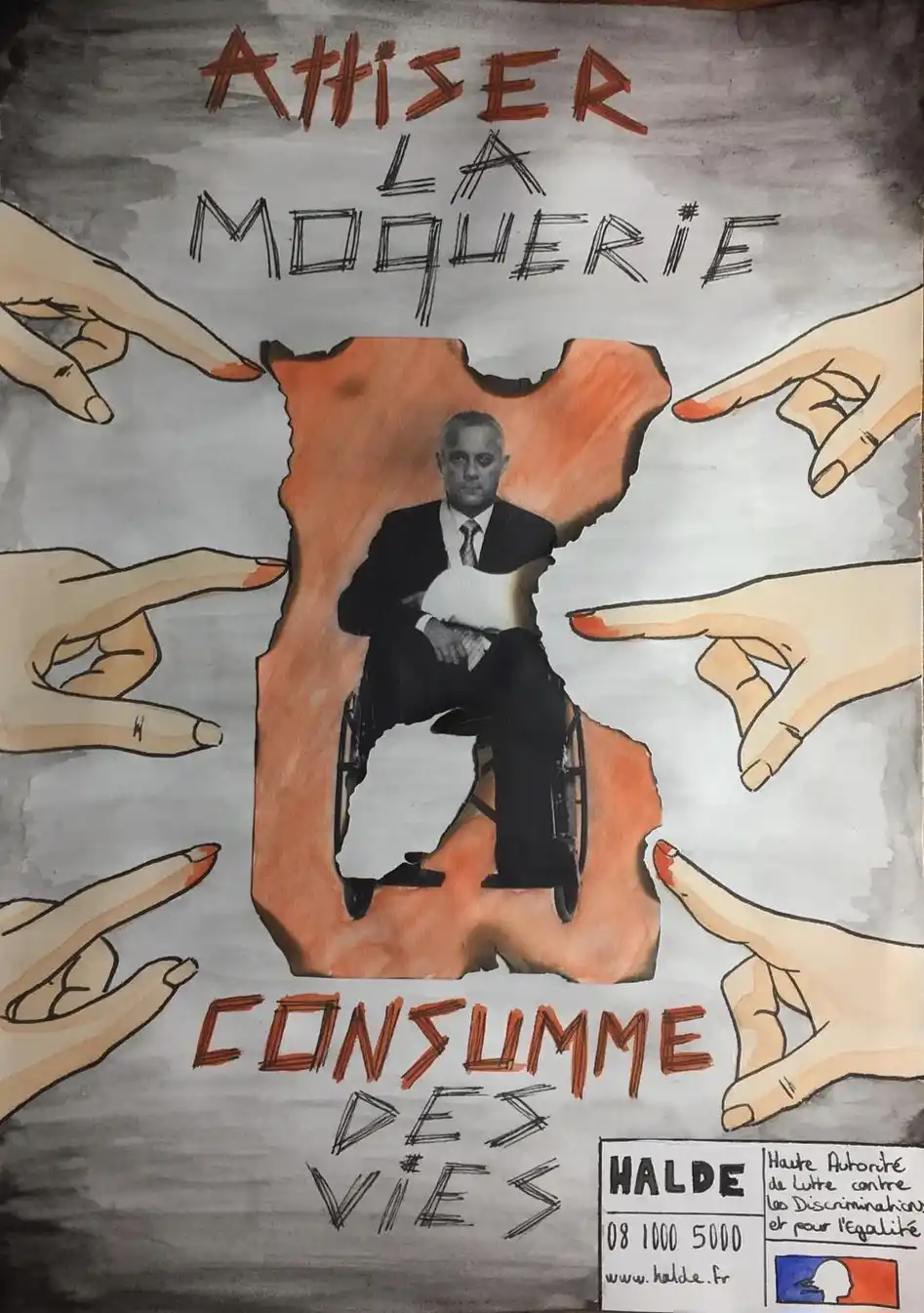 Affiche à l'aquarelle d'un homme en fauteuil roulant dont l'image est brûlée, pour représenter l'impact du harcèlement contre les handicaps.