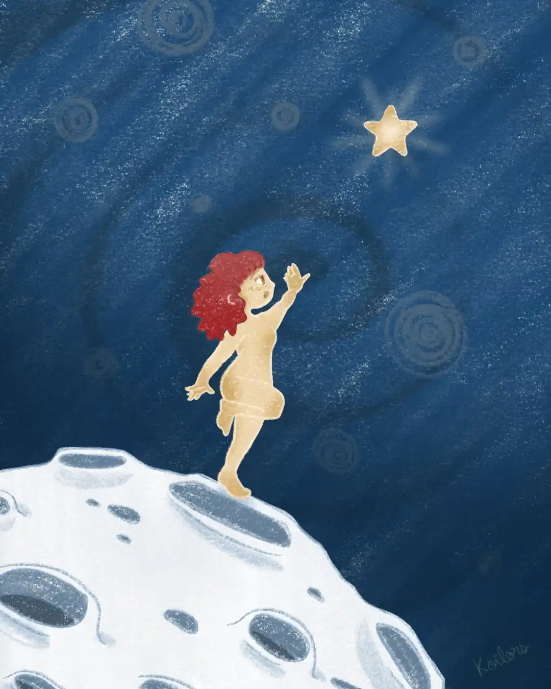 Illustration onirique d'une petite fille sur la lune dans l'espace qui essaie d'atteindre une étoile qui brille. La petite fille brille comme l'étoile, car s'en est une.