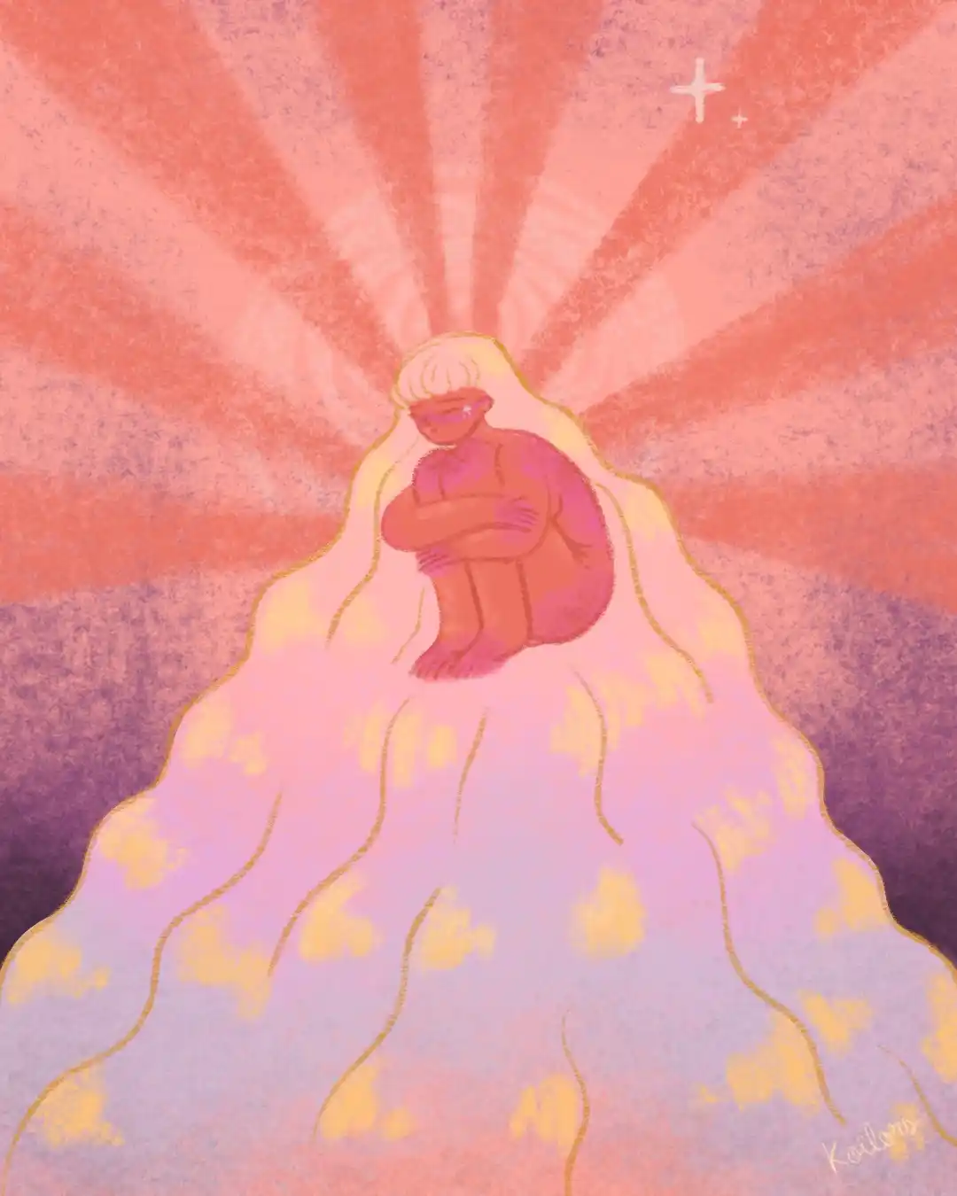 Illustration onirique d'une jeune femme nue en position fœtal. Les couleurs sont vives et chaudes.